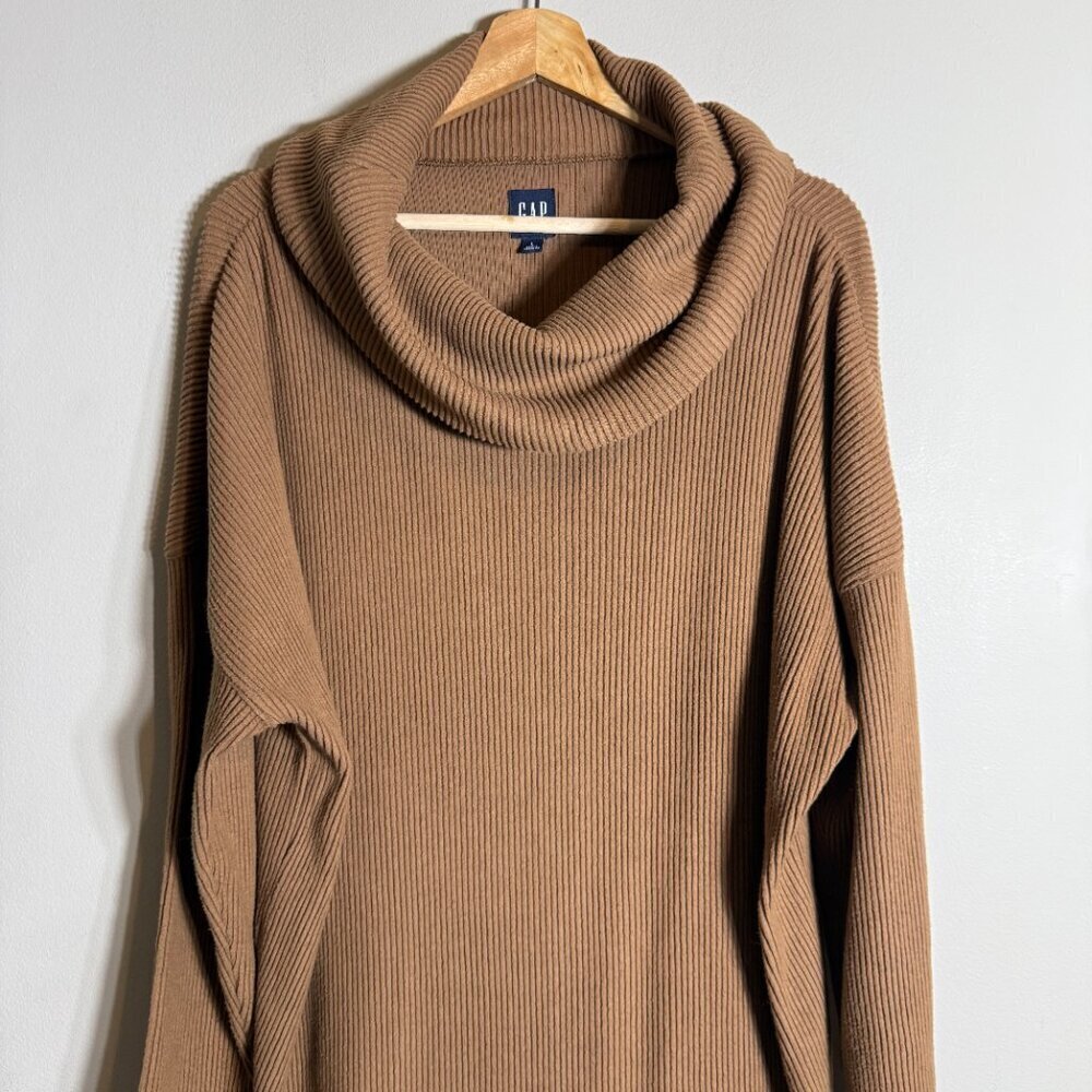Gap Ribbed Cowl Neck Sweater Mini Dress Women's Large Brazen Brown Cozy Knit - Picture 6 of 14